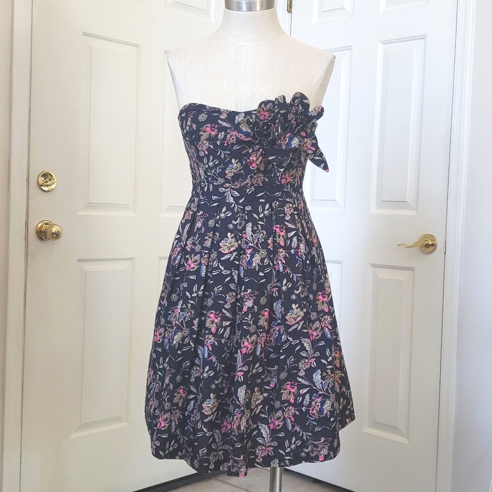MM COUTURE by MISS ME Navy Strapless Dress Cotton Pink Floral Rosette SMALL - Picture 2 of 11